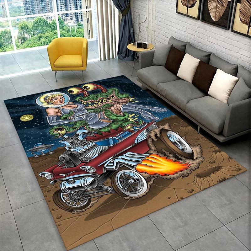 3D Rat Fink Cartoon Racing Car Moto Sign Carpet Rug for Bedroom Living Room Sofa Doormat Home Decor,Kid Game Area Rug Non-slip