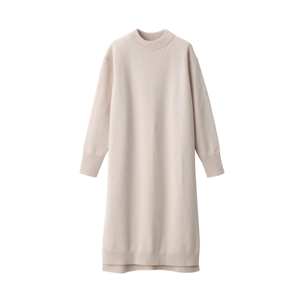 MUJI Women's Mid-Gauge Wool Mock Neck Dress, Sand Beige, Size M (BAJ11A2A)