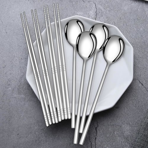 AOOSY 8-Piece Cutlery Set for 4 People, Spoon and Chopsticks, Dishwasher-Safe, Square-Shaped, Korean Style, Stainless Steel with a Mirror Finish and S