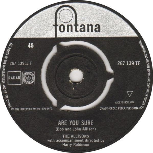 

7inch Record ALLISONS Are You Sure 267139TF Fontana 1961 UK Rock Used