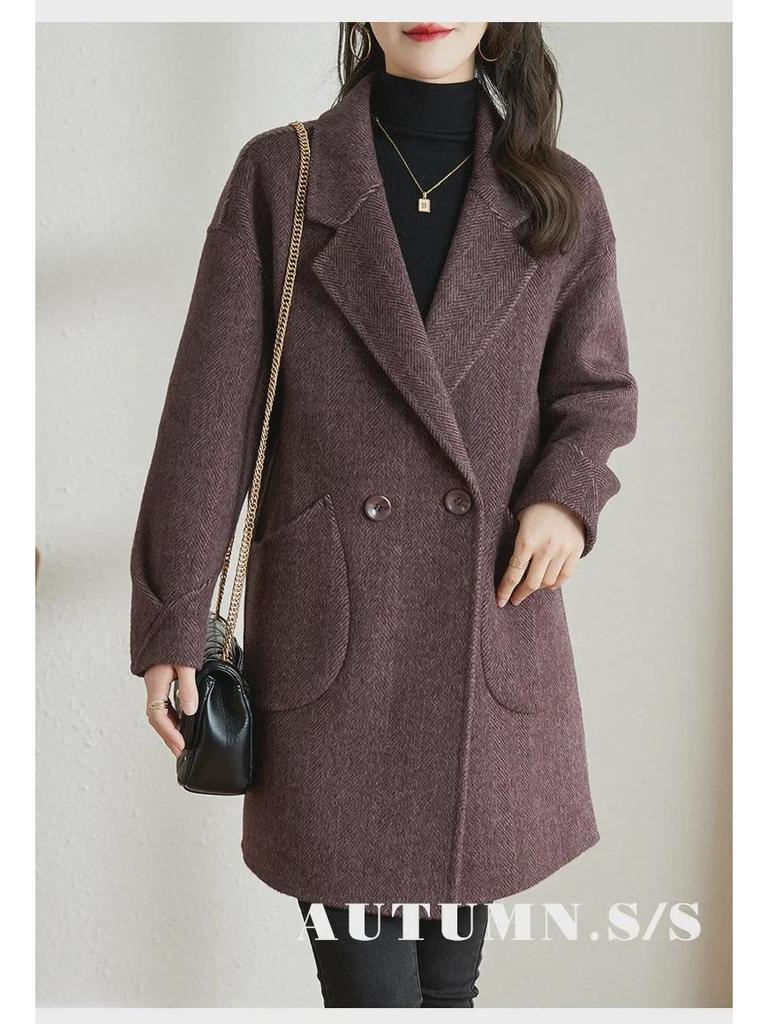 Palton de lână cu model herringbone pentru femei, cu guler de costum, stil coreean, mediu-lung, îngroșat, pentru toamna/iarna 2023.