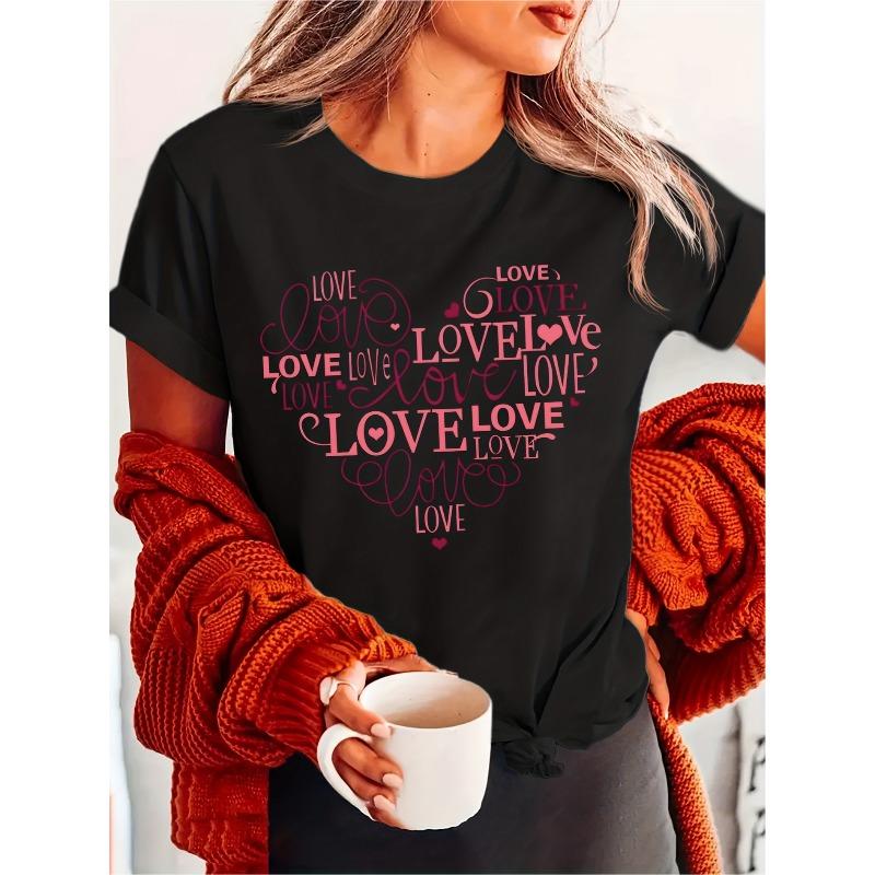 

Женская свободная футболка с принтом в виде сердца LOVE, с коротким рукавом - Мягкий, дышащий, повседневный топ с круглым вырезом, свободного кроя, подходит для весенне-летнего повседневного образа S чёрный