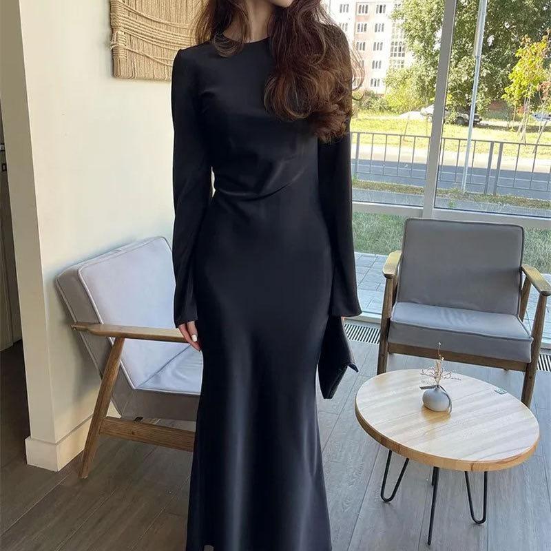 Fashion Slim Maxi Dress for Women Long Sleeve High Waist Elegant Solid Party Dress Casual Luxury Ladies Dress