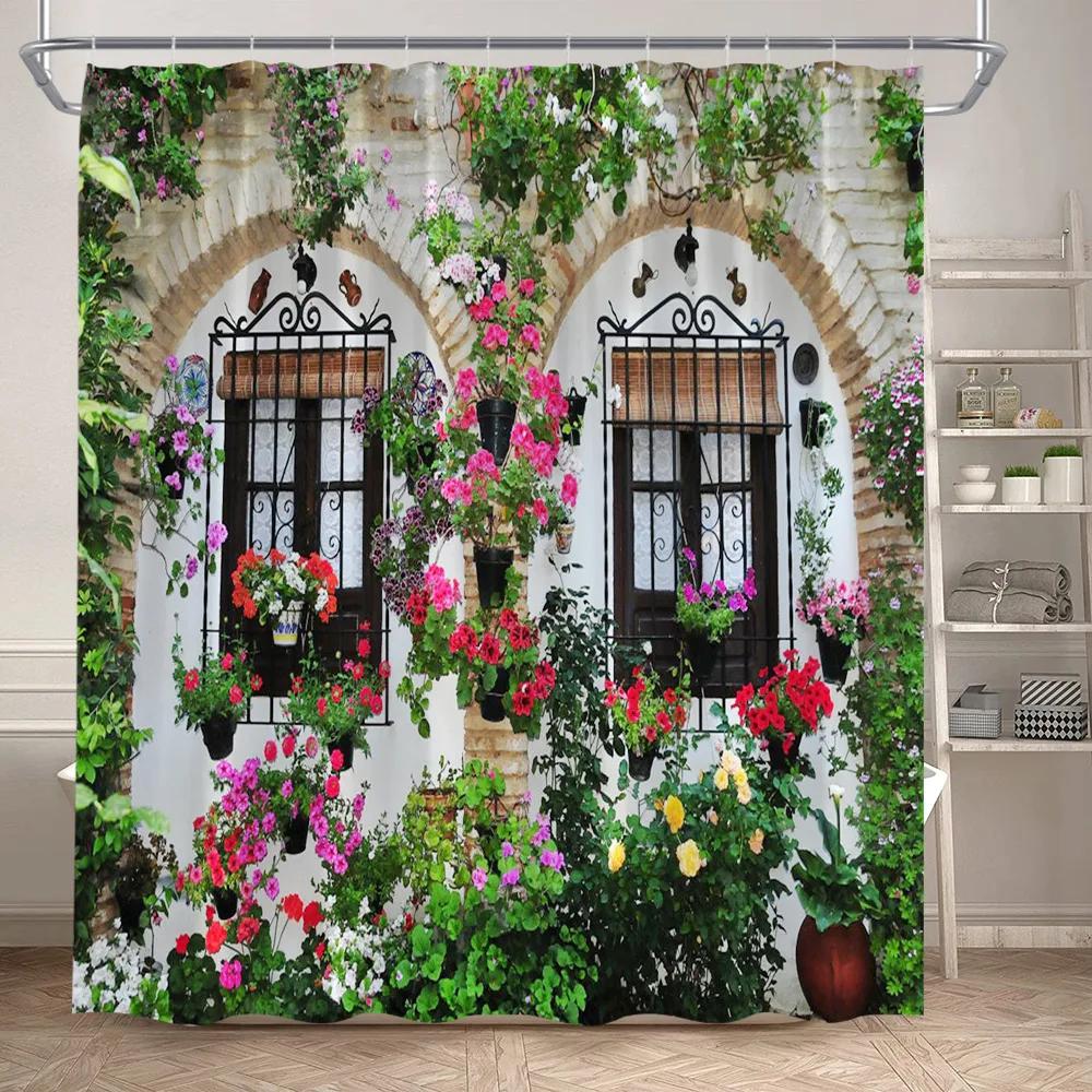 Fence Flowers Shower Curtains Blue Window Nature Floral Plants Scenery Modern Garden Wall Hanging Home Bathroom Decor with Hooks