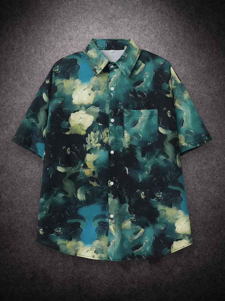 Oversized Loose Retro Oil Painting Print Short Sleeve Hawaii Beach Summer Men Shirt Student Fashion Casual Mens Clothing