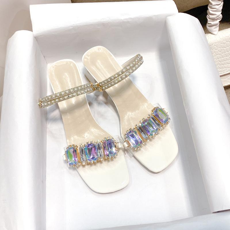 High heels sandals women's summer 2025 new fashion transparent middle heel crystal shoes fashion thick heel outer slippers