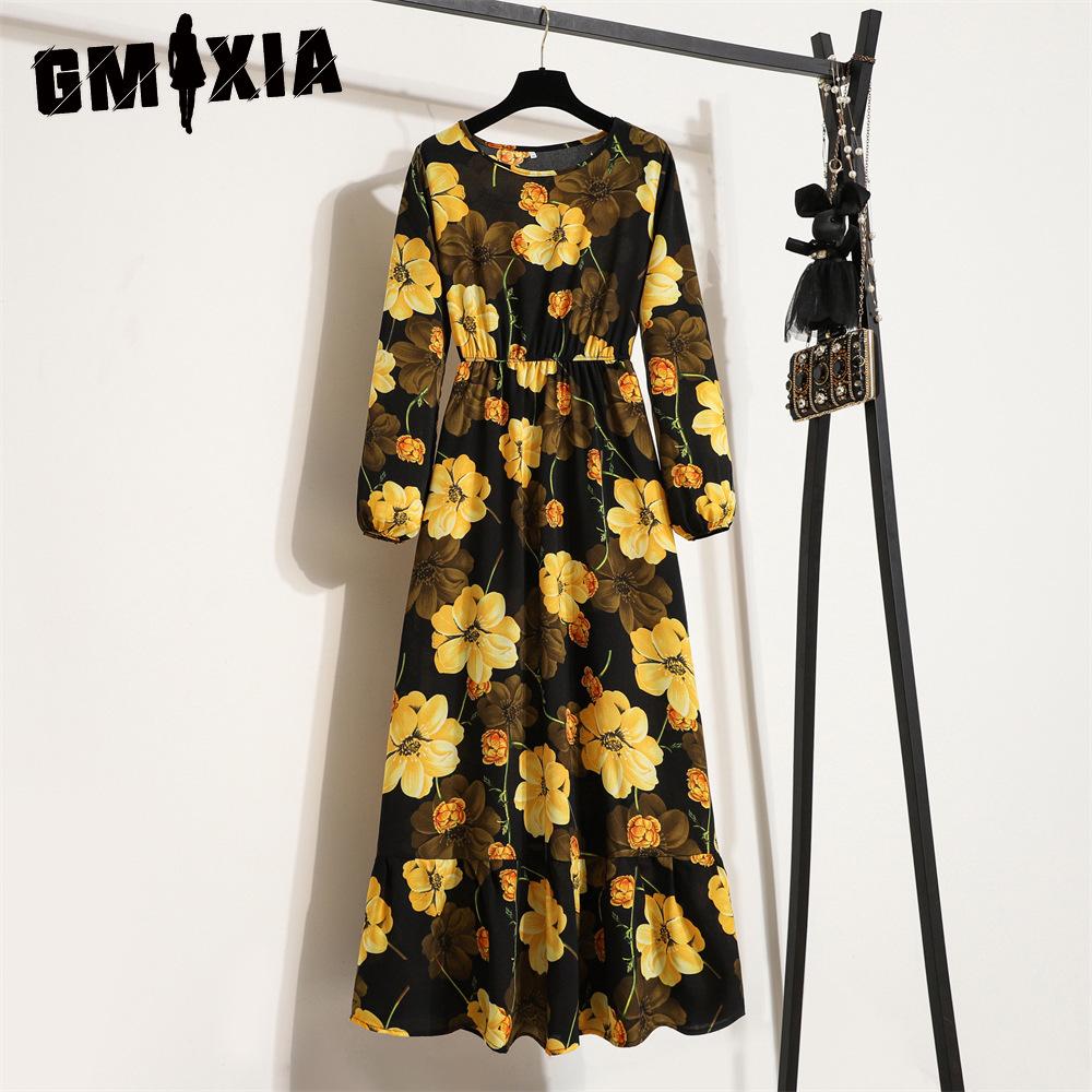 GMXIA 25 Colors Spring Women Maxi Dresses Casual Long Sleeve Floral Print O-Neck Ladies Long Dress Bohe Beach Party Mujer Vestidos Muslim Dress