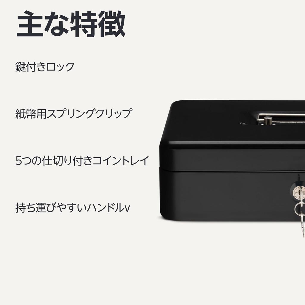 Amazon Basics Portable Cash Box/Coin Case with Lock/Tray, 30cm (L) x 24cm (W) x 9cm (H), Black