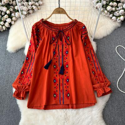 Camisa Feminina Embroidered Puff Sleeve-up Ethnic Style Color-block Blouse for Women 2024 Summer Camisas Vintage Women Blouses