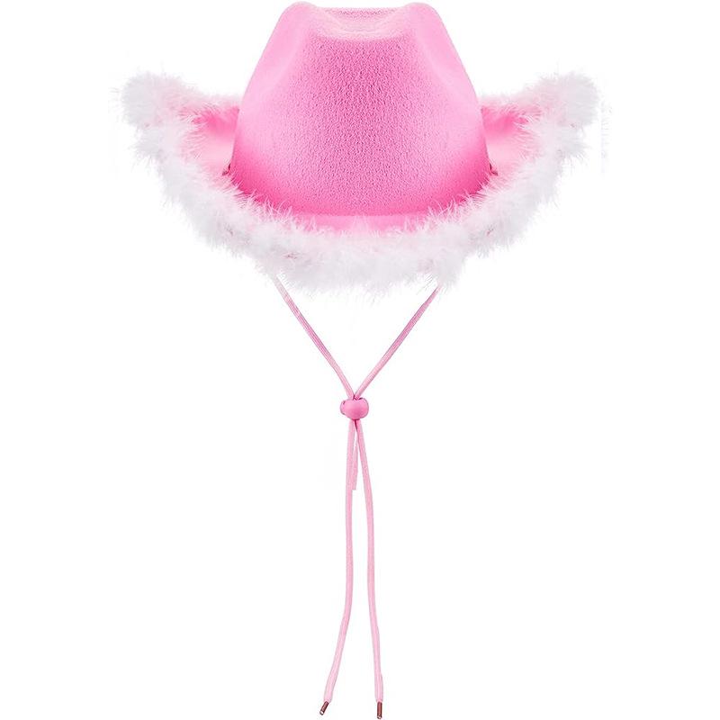 

White Denim Cowboy Hat with Pink Fur Trim One Size
