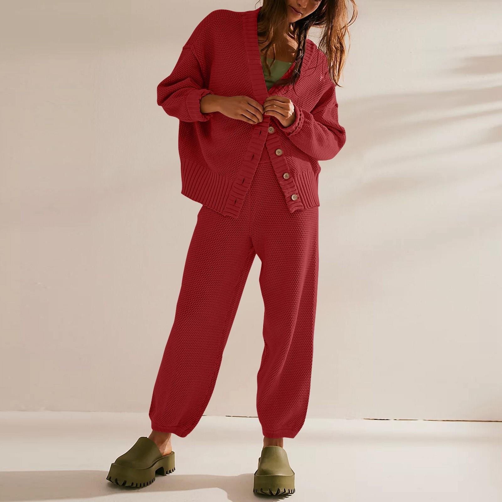 

Женские комплекты из двух предметов: комплекты свитеров, вязаный кардиган большого размера и мешковатые брюки с высокой талией, одинаковые комплекты M красный