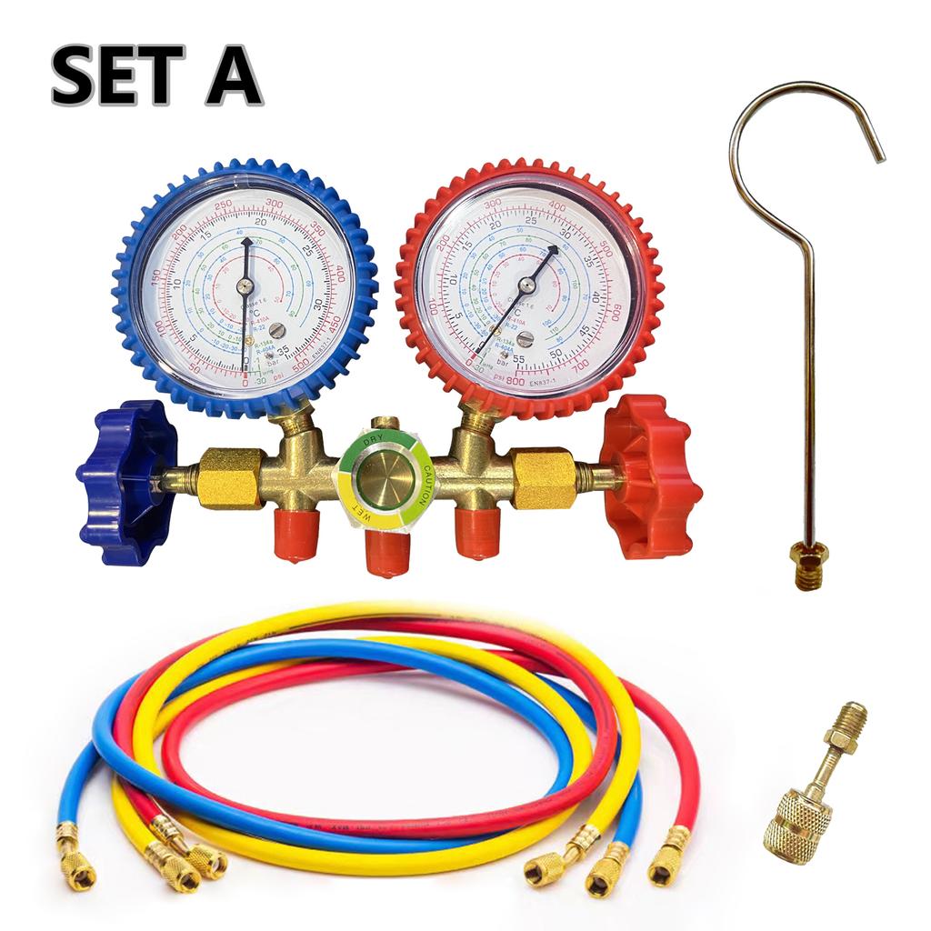 R134a Air Conditioning Pressure Gauge with Hose and Hook 3 Way AC Diagnostic Manifold Gauge Set Freon For R12 R22 R404A R134a
