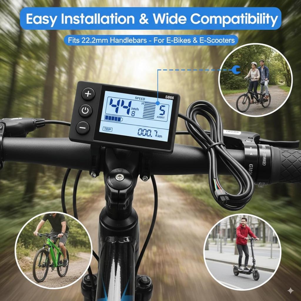 S866 Ebike Display - 24V 36V 48V Waterproof IP65 Scooter Meter with SM Plug, Large Backlit Screen for Ebike/Scooter (Fits 22.2mm/0.9in Handlebar, No.