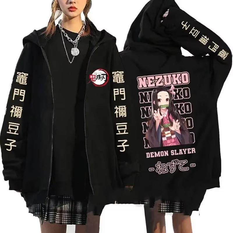 Japanese Anime Demon Slayer Zipper Jackets Sweatshirt Nezuko Kamado Mange Zip Up Hoodies Kimetsu No Yaiba Cartoon