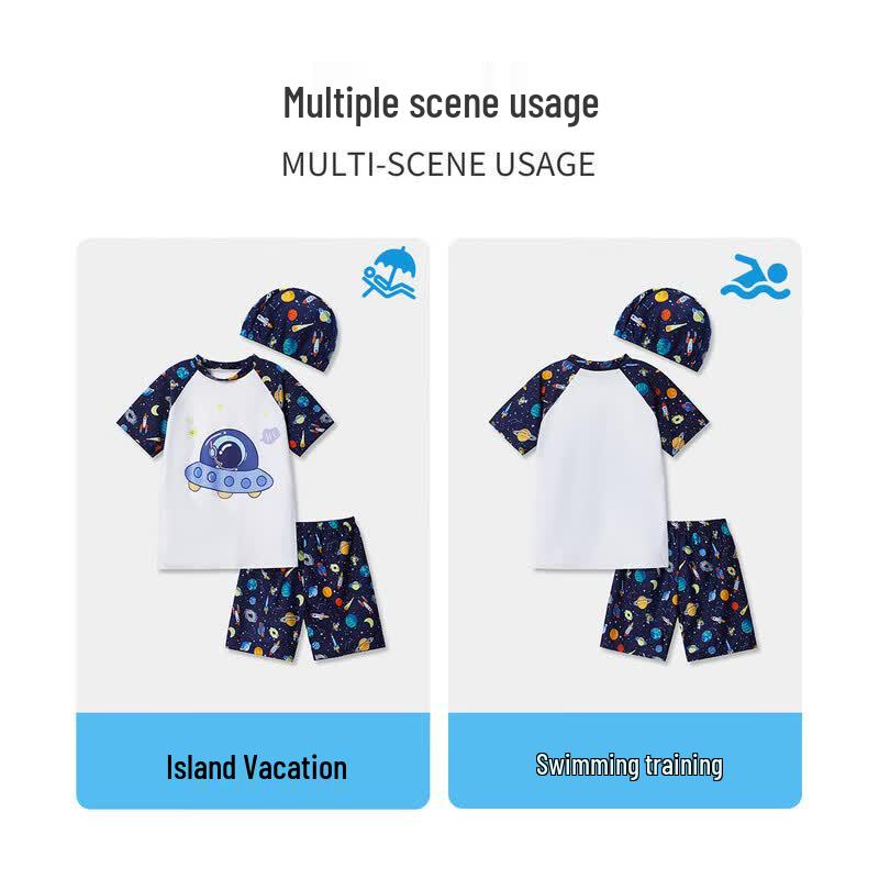 ASK JUNIOR Boys' Cartoon Print Two-Piece Swimsuit Set with Cap