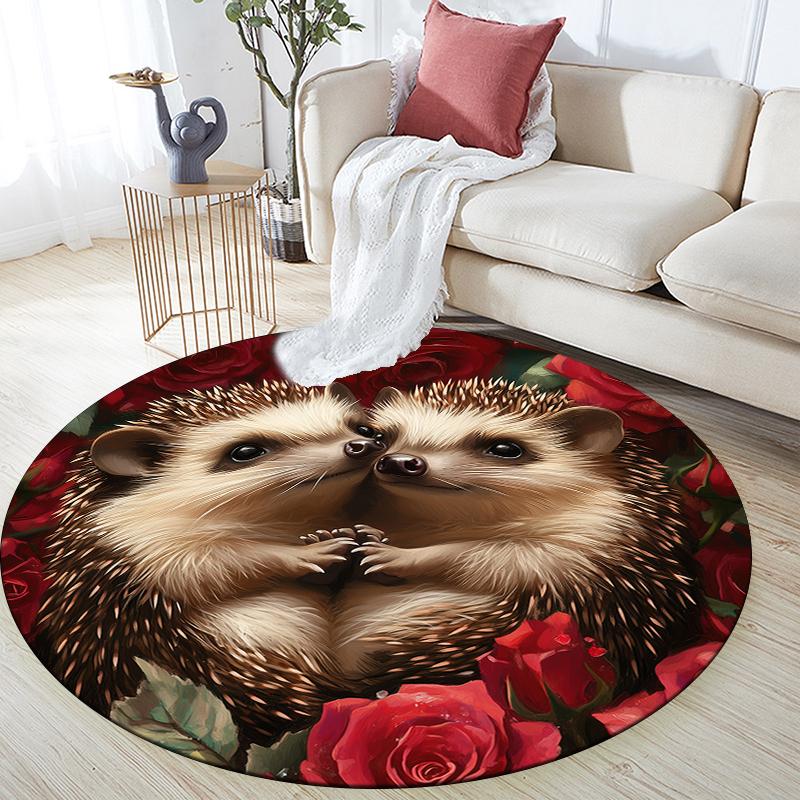 Rose and Hedgehog Pattern Round rug,Carpet Rug for Living Room Bedroom Playroom ,Non-slip Floor Mat,Holiday Gifts and Birthday Gifts.
