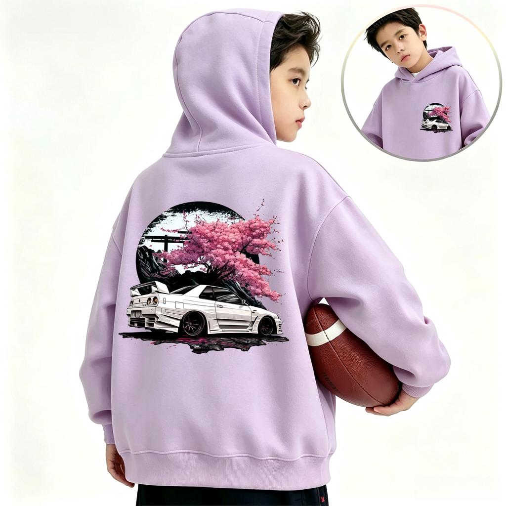 New Autumn Winter Kids Hooded Sweatshirt Japanese Style Sports Car Sakura Front Back Print Boys Girls Streetwear Hoodie