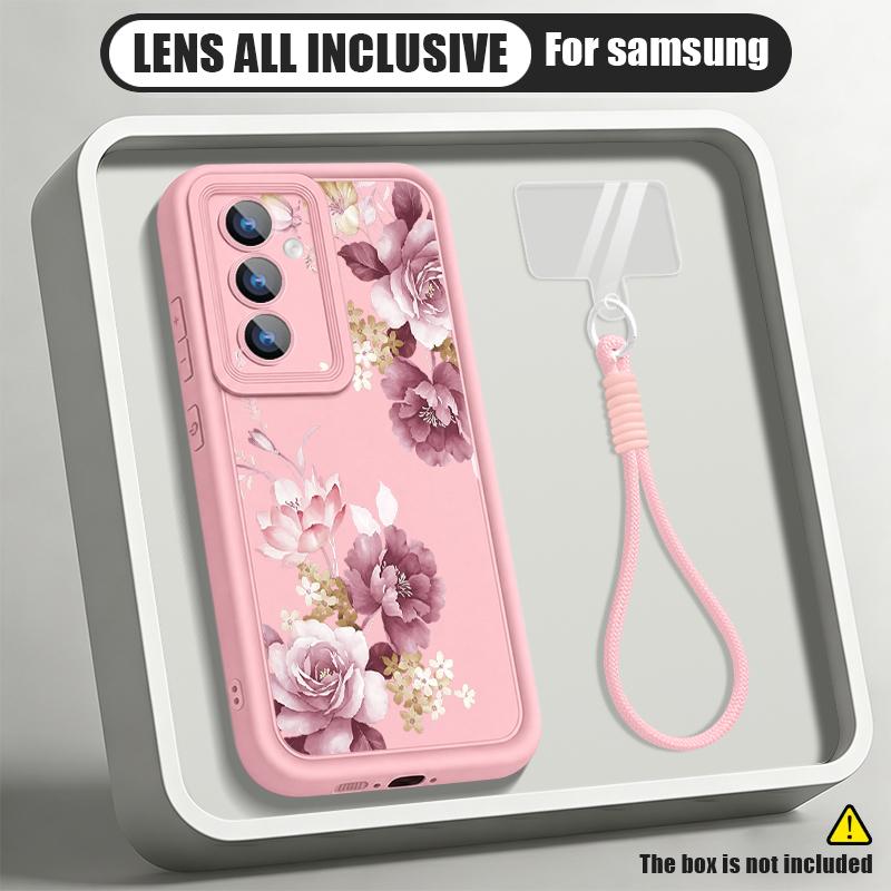 Luxury Flowers Print Lanyard Case For Samsung S26 FE A18 S25 S24 S23 S22 Ultra A54 A55 A16 A26 A36 A56 A17 A27 A37 A57 5G Bumper Cover
