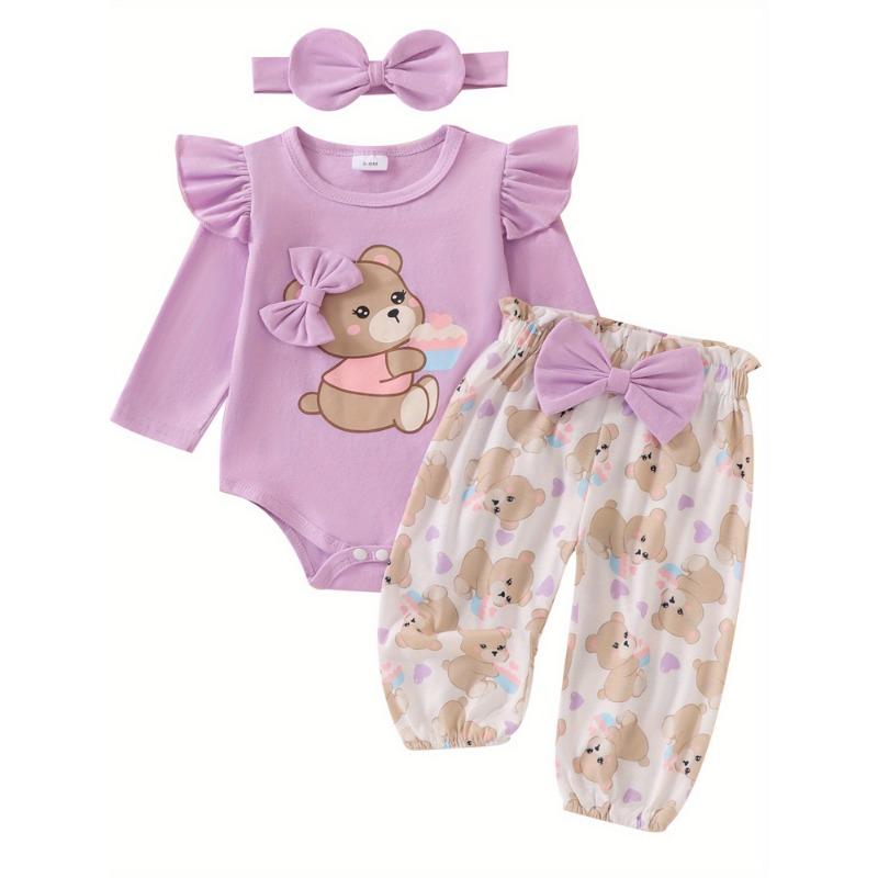 

Baby Girl Fall Outfit, Bear Print Long Sleeve Romper Elastic Waist Pants Bow Headband 3pcs Set, Perfect for Outdoor 0-3M