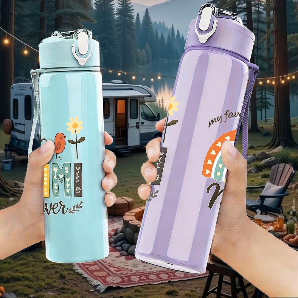 1PC Mimi Rainbow Boho Lettering Print 750ml Color Plastic Sports Water Bottle Leakproof Flip Straw Lid Suitable for Sports Office Home Use