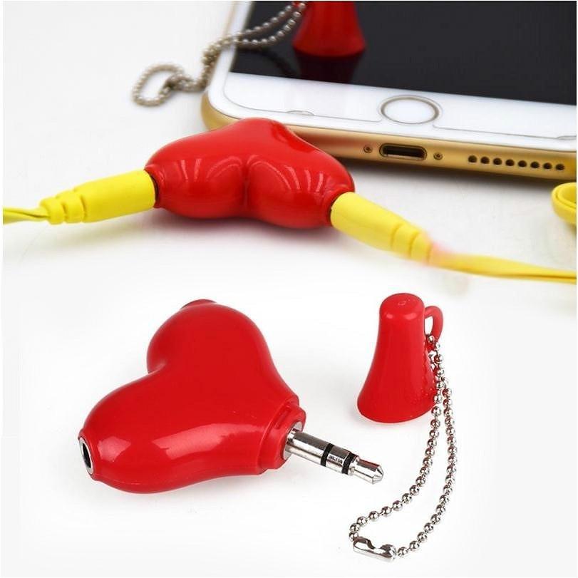 1 ks rozkošný rozbočovač pro sluchátka, sluchátkový rozbočovač, pro zamilované, roztomilé červené srdce, 3,5 mm, 1 vstup na 2 výstupy, audio rozbočovač pro páry