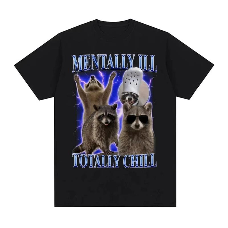Mentally Ill Totally Chill Funny Raccoon Meme T-shirt Women Clothing Vintage Graphic T Shirt Summer Tops O-NeckTees Graphic Y2K