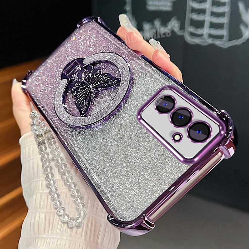 A 16 26 36 56 Butterfly Holder Lanyard Case For Samsung Galaxy A16 A26 A36 A56 5g A05s Plating Shockproof Silicone Stand Cover