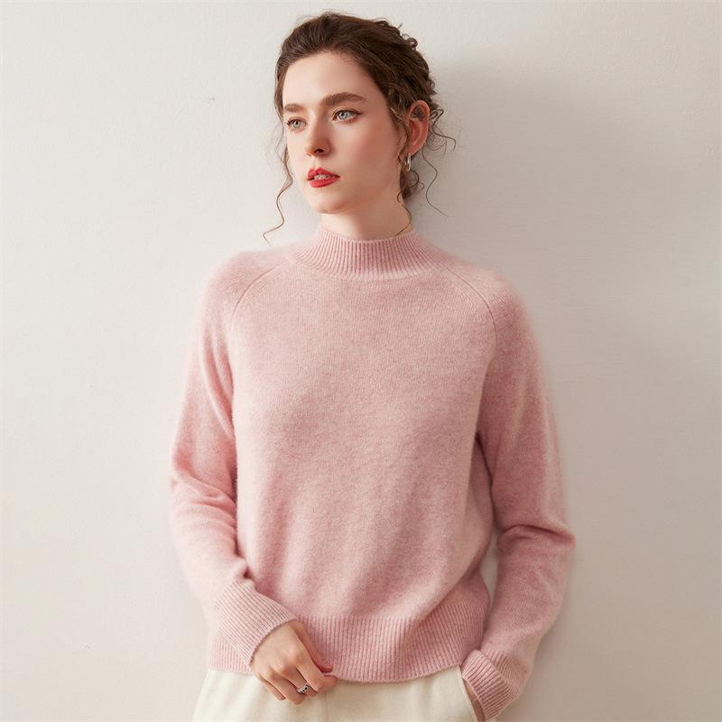 Women's Korean Style Cashmere Sweater: Half-High Collar, Solid Color, Short Raglan Sleeve, Perfect for Autumn and Winter