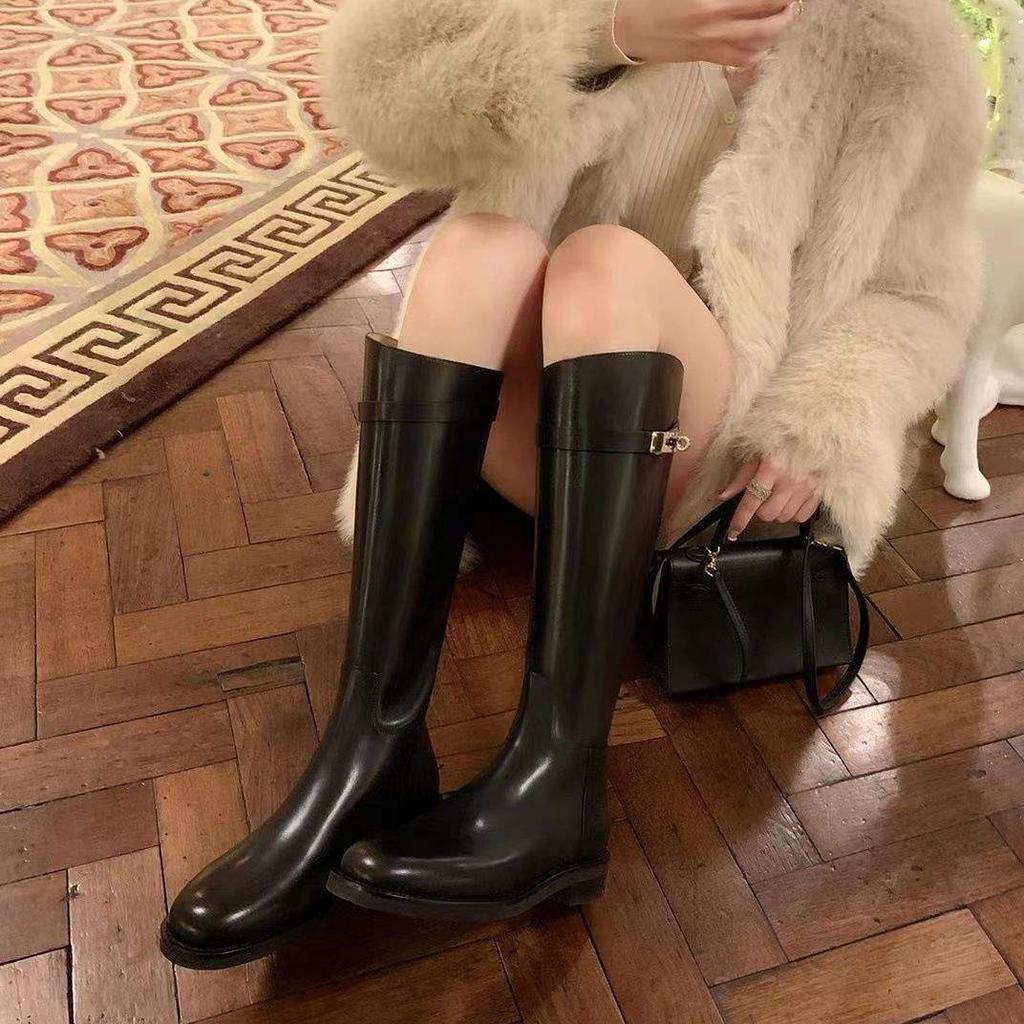 Ritterstiefel Damen Winter kleiner runder Absatz aber knielang Stiefel Damen Schnalle Mode flacher Absatz hohe Stiefel lange Stiefel Damen