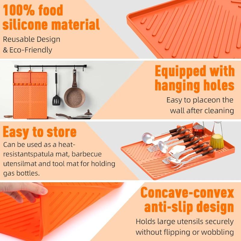 Heat Resistant Silicone Grill Tool Holder Mat with Side Shelf Drip Pad for Blackstone BBQ Utensils Kitchen Countertop