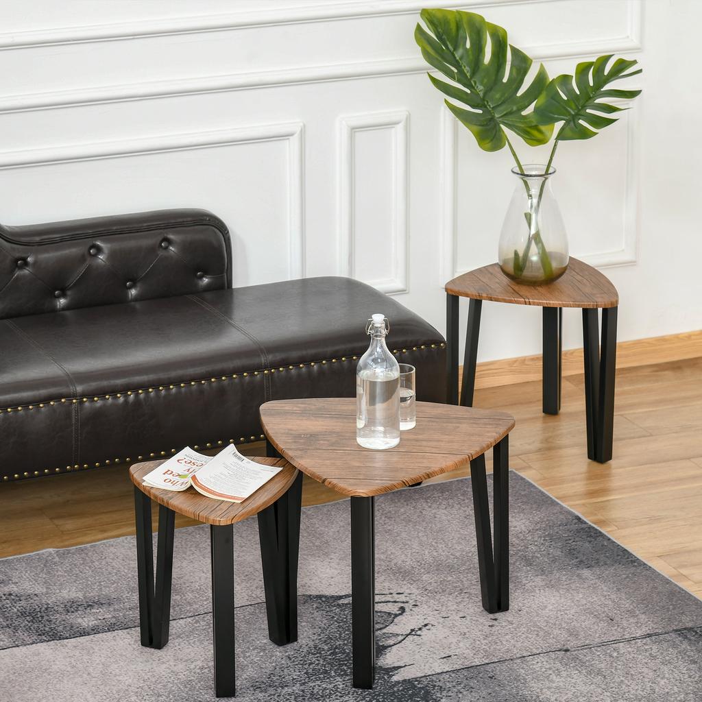Nest of Tables, Coffee Table Set of 3, Triangle Nesting Tables with Metal Legs, Industrial End Side Table for Living Room, Walnut Wood Grain