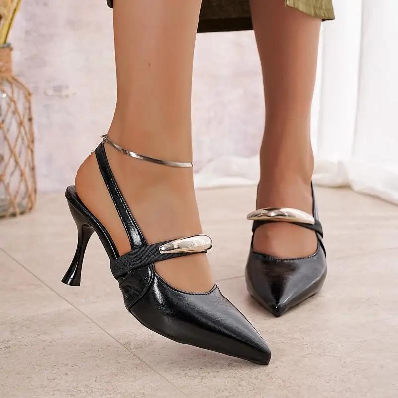 Fashion Sexy Pointed Toe Sling Back Pumps Women Patent Leather Thin Super High Heels Shoes Woman Classic Metal Decoration Office Shoes