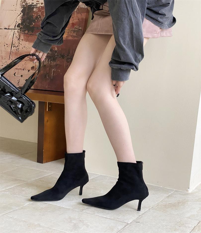 High-heeled Pointed-toed Temperament Suede Thin Short Boots Women's Shoes 2025 New Autumn and Winter Thin-heeled Korean Small Ankle Boots