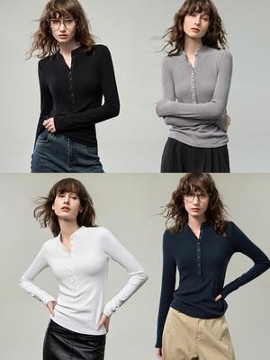 2025 Herfst Dames Henley Top met Lange Mouwen - Slim Fit Gebreid met Knoopdetail