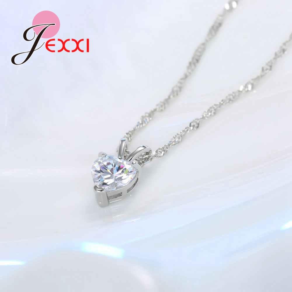 Romantic Genuine 925 Sterling Silver Heart Pattern Crystal Pendants Necklaces For Women Wedding Gift Engagement Accessory
