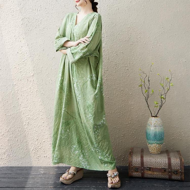 Spring Vintage Floral Print Plus Size Women Long Dress Loose Oversize Maxi Basic Long Sleeve Casual