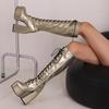 Fashion Silver Knee High Boots Women 14.5cm Thick Heels Glossy Patent Leather Punk Lace-up Comfy Zip Platform Shoes Large Size 48