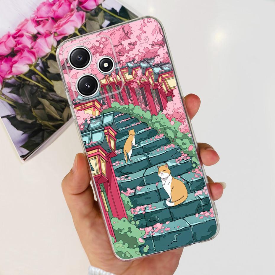 Cute Flower Cat Painted Case For Xiaomi Redmi 12 5G 2023 Soft Silicone TPU Back Cover For Redmi12 5G Global Phone Bumper