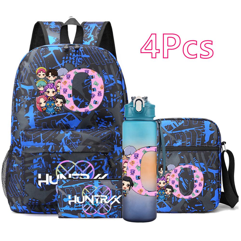 4Pcs/set 26 English Letter Printed Backpack Large Capacity Bookbag Shoulder Bag Case Bag with 750ml Water Bottler Boy Girl Waterproof SchoolBag Gift
