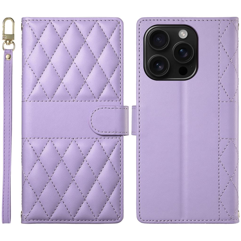 For iPhone 16 Pro Max Case Rhombus Stitching Wallet Stand Leather Phone Cover with Long/Short Strap