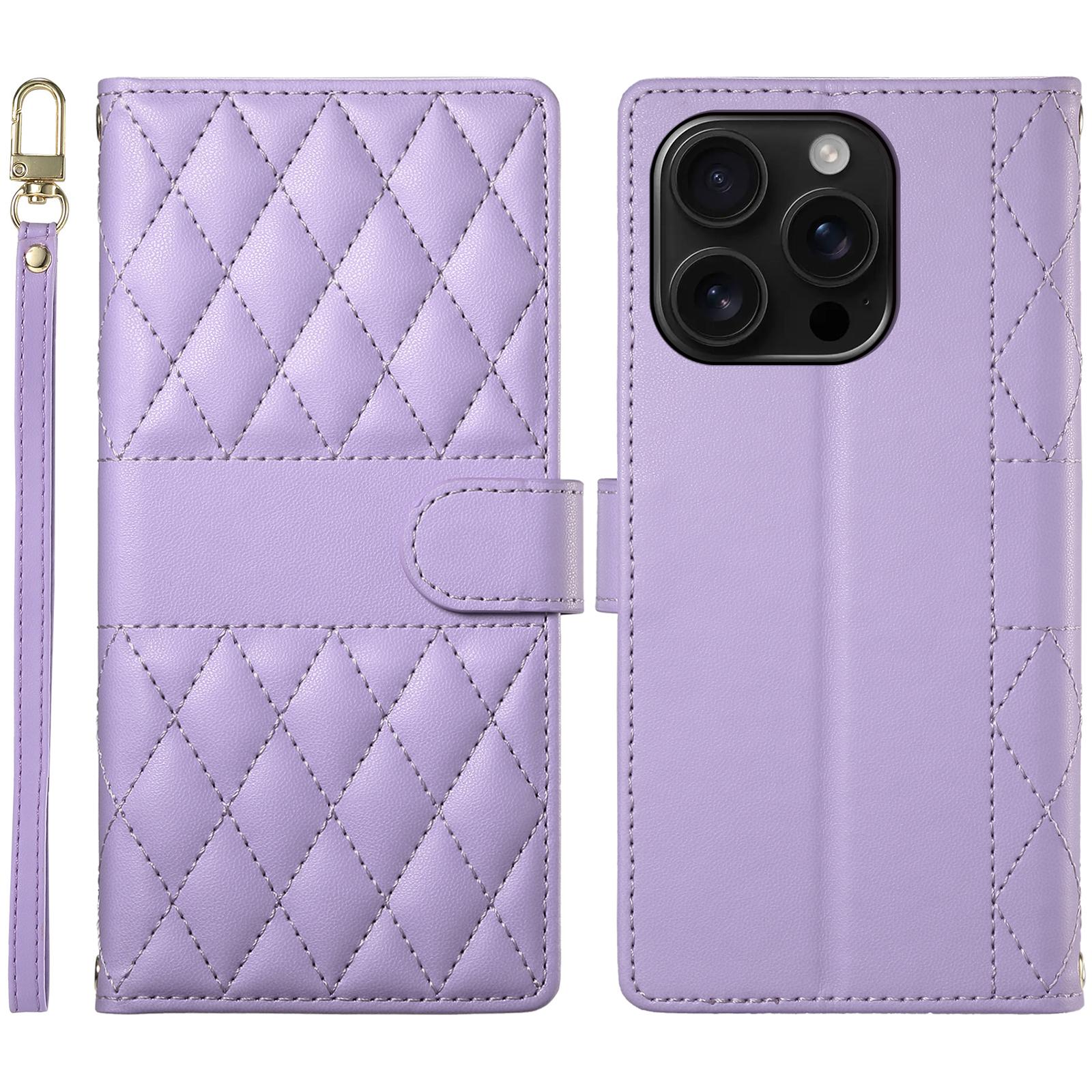 

For iPhone 16 Pro Case Rhombus Stitching Wallet Stand Leather Phone Cover with Long/Short Strap Purple