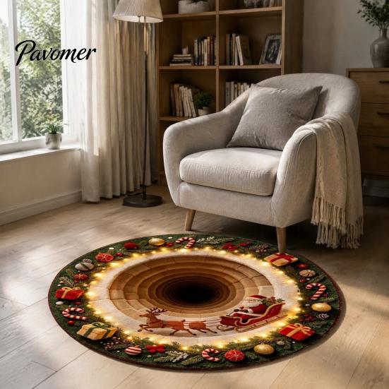 Unique Seasonal Gift Rugs Christmas Round Area Rug, 3D Visual Trap Floor Mat with Santa Elk Print, Soft Crystal Velvet Carpets Non-Slip Stain