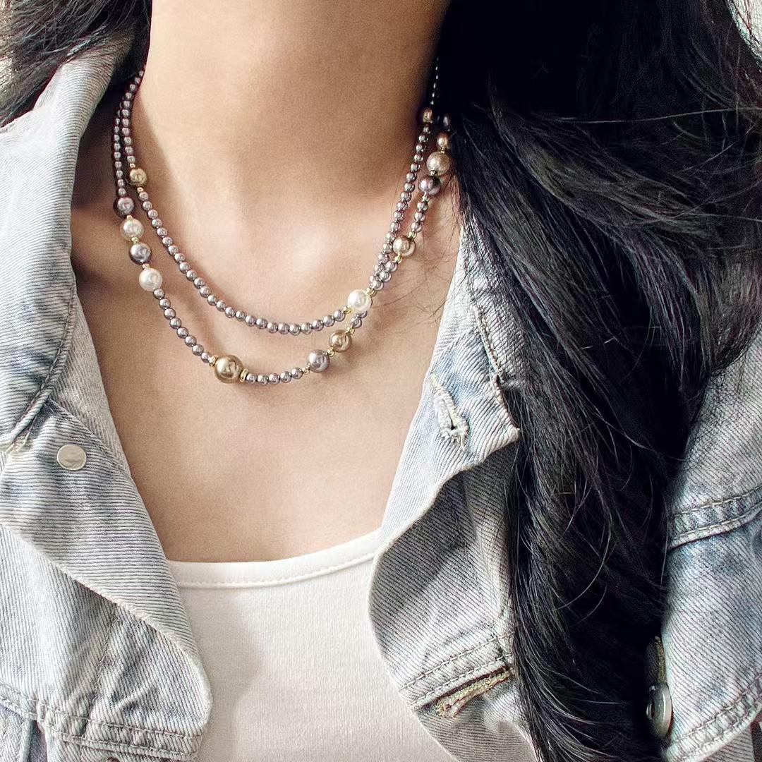 

Vintage Taro Purple Mixed Color Artificial Crystal Pearl Double Layer Design Sense Collarbone Chain Necklace