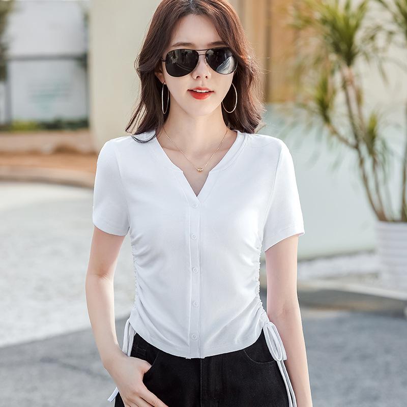 2024 Summer New Style Korean Style Women's T-shirt Fashionable and Versatile Drawstring V-neck Button Short-sleeved Undershirt