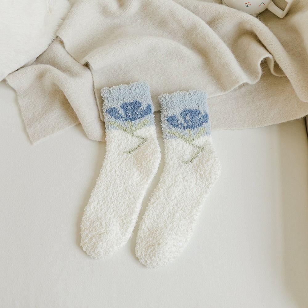 Warm Autumn Flower Trendy Tulips Pattern Sweet Thick Coral Velvet Middle Tube Korean Style Socks Female Socks