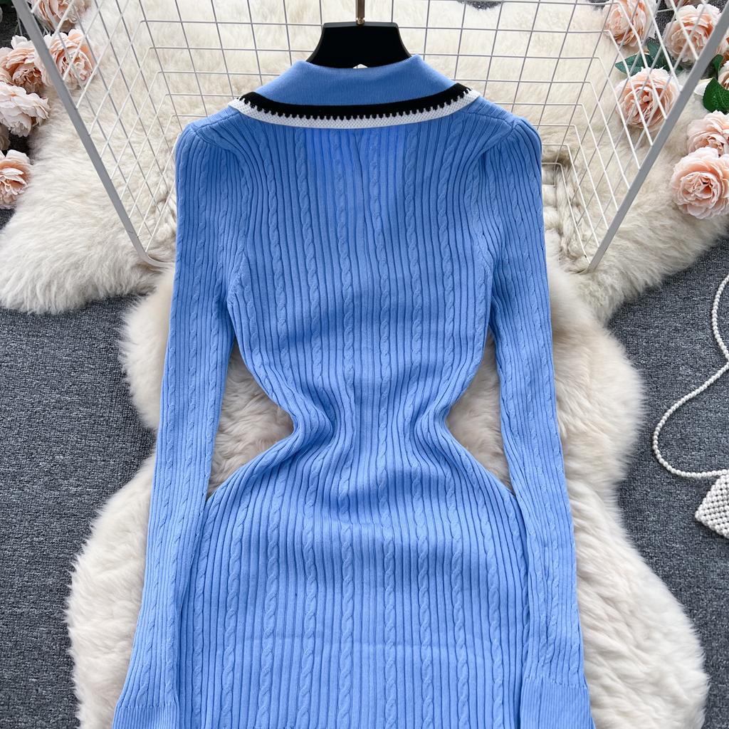 Autumn Winter Wear Embroidery Letter Knitted Sweater Dress Women Polo Single Breasted Designer Temperament Long Dresses