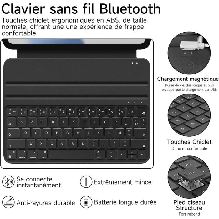 Étui Clavier AZERTY Ultra-Mince Noir pour iPad Air/Pro 11" (2018-2025) - Connexion Magnétique, Smart Folio