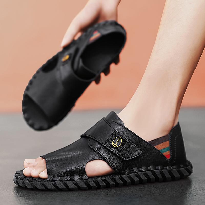 Fashion Hand Sewn Summer Men Sandals Genuine Leather Mens Casual Shoes Outdoor Leather Sandals for Men Beach Roman Mens Shoes