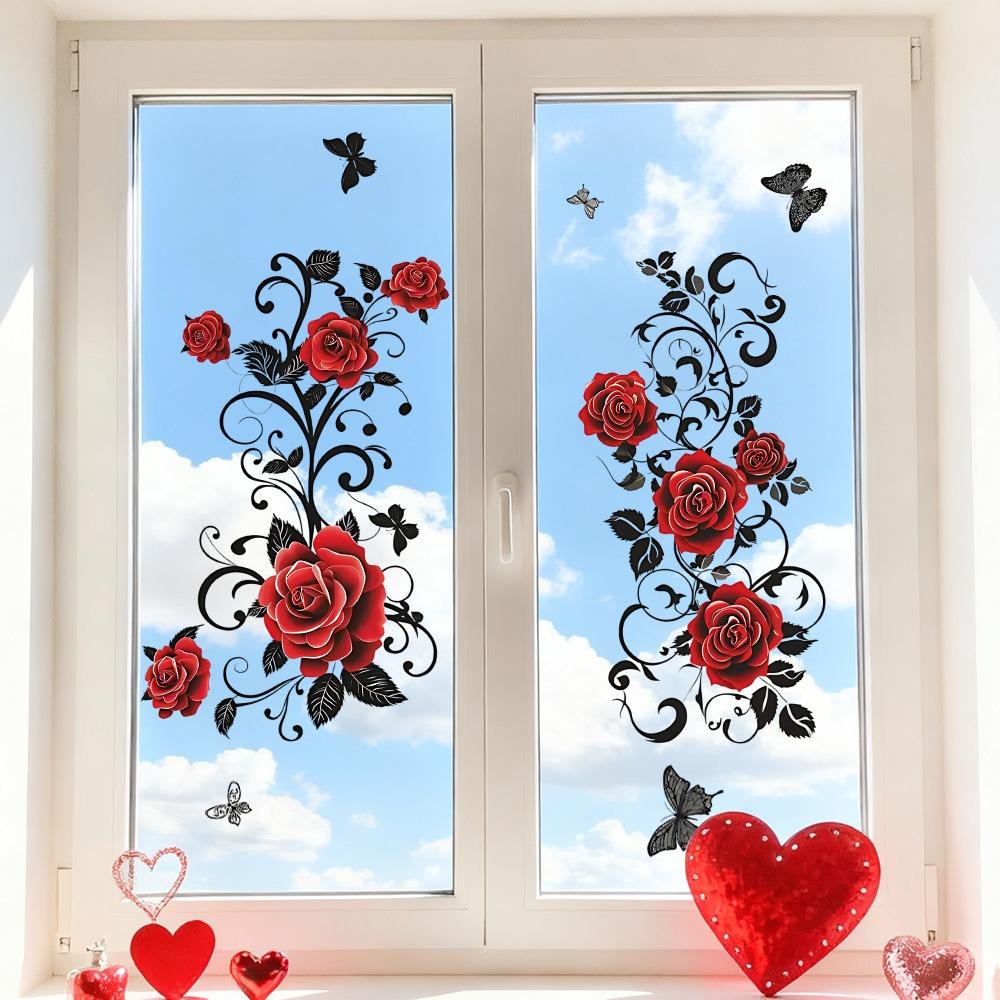 Festivaldeko Valentinstag Rote Rose Schmetterling Aufkleber Transparent Glasaufkleber Für Wohnzimmer Festliche Atmosphäre