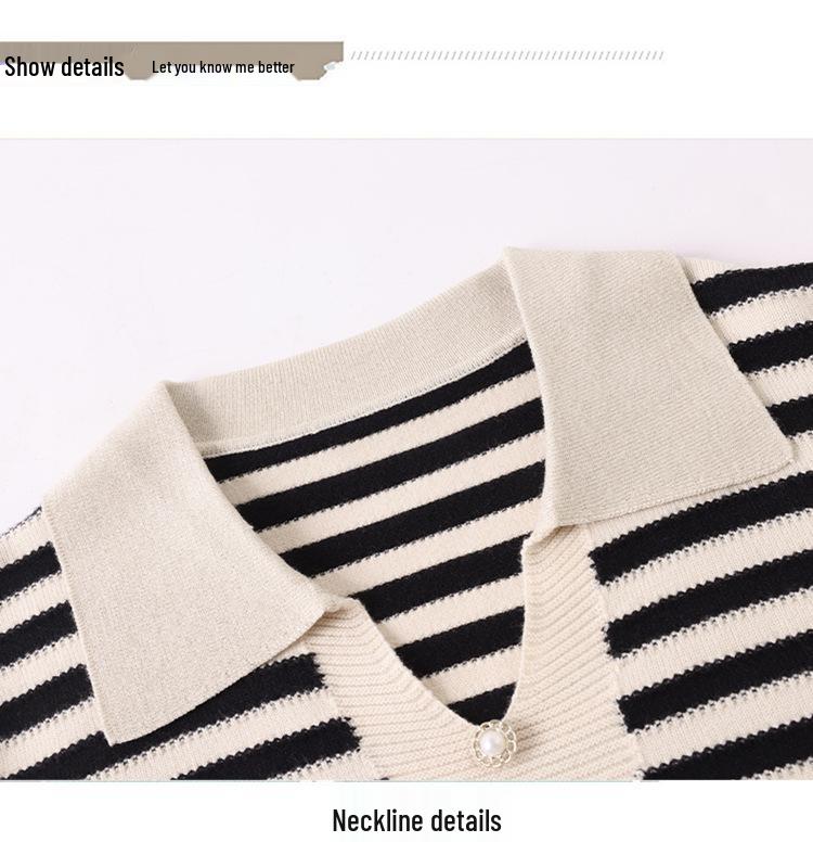 2026 Spring Fashionable Striped Knit Top for Mothers & Elderly Women, Lapel Sweater for Spring & Autumn